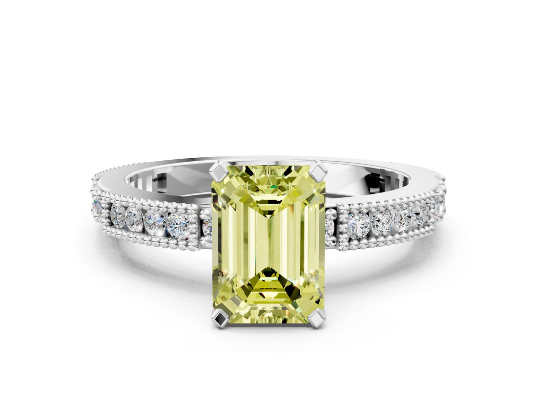 White gold Fancy Yellow Emerald  Solitaire with Pavé Band and Four-Prong Setting_356