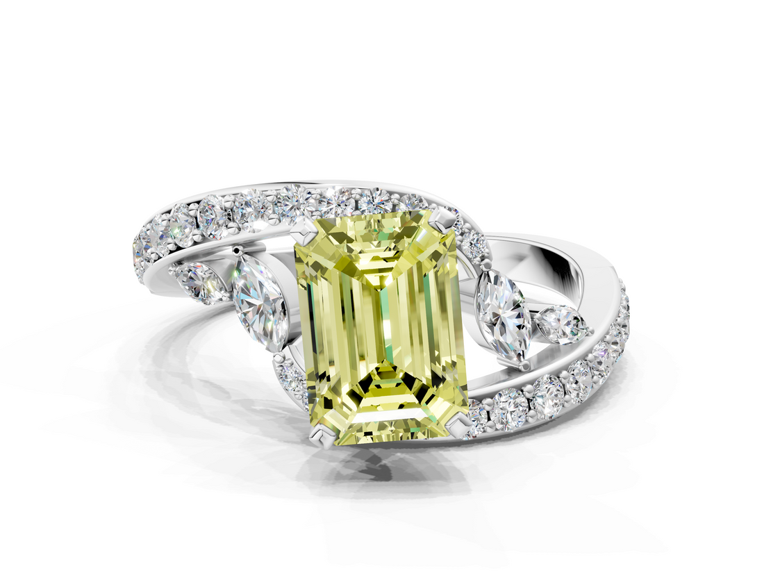 White gold Fancy Yellow Emerald  Solitaire with Pavé Twist Band and Four-Prong Setting_56