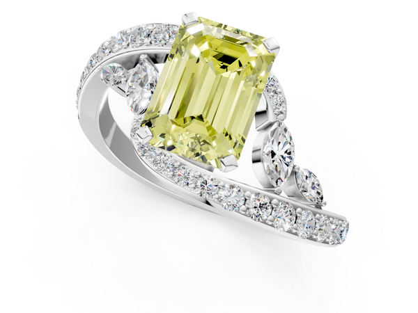 White gold Fancy Yellow Emerald  Solitaire with Pavé Twist Band and Four-Prong Setting