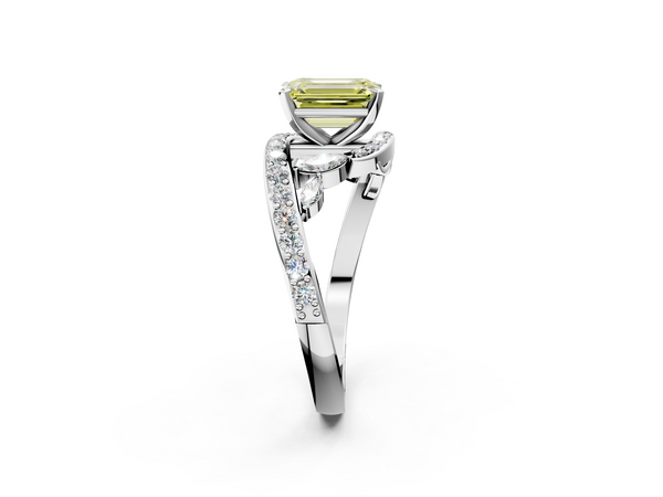 White gold Fancy Yellow Emerald  Solitaire with Pavé Twist Band and Four-Prong Setting