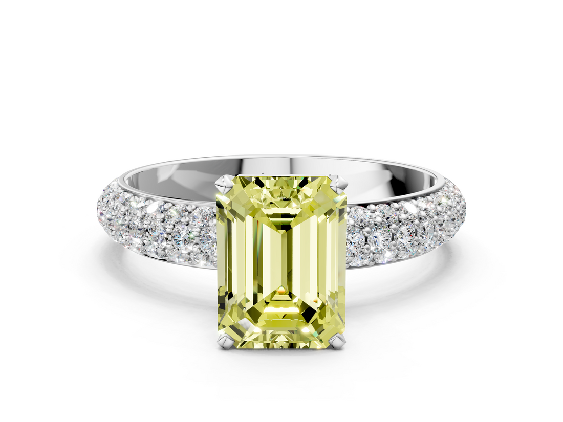 White gold Fancy Yellow Emerald  Solitaire with Pave Band and Four-Prong Setting_3