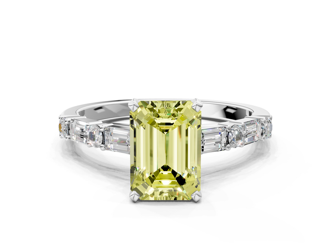 White gold Fancy Yellow Emerald  Solitaire with Side Baguettes and Channel Set Band_63
