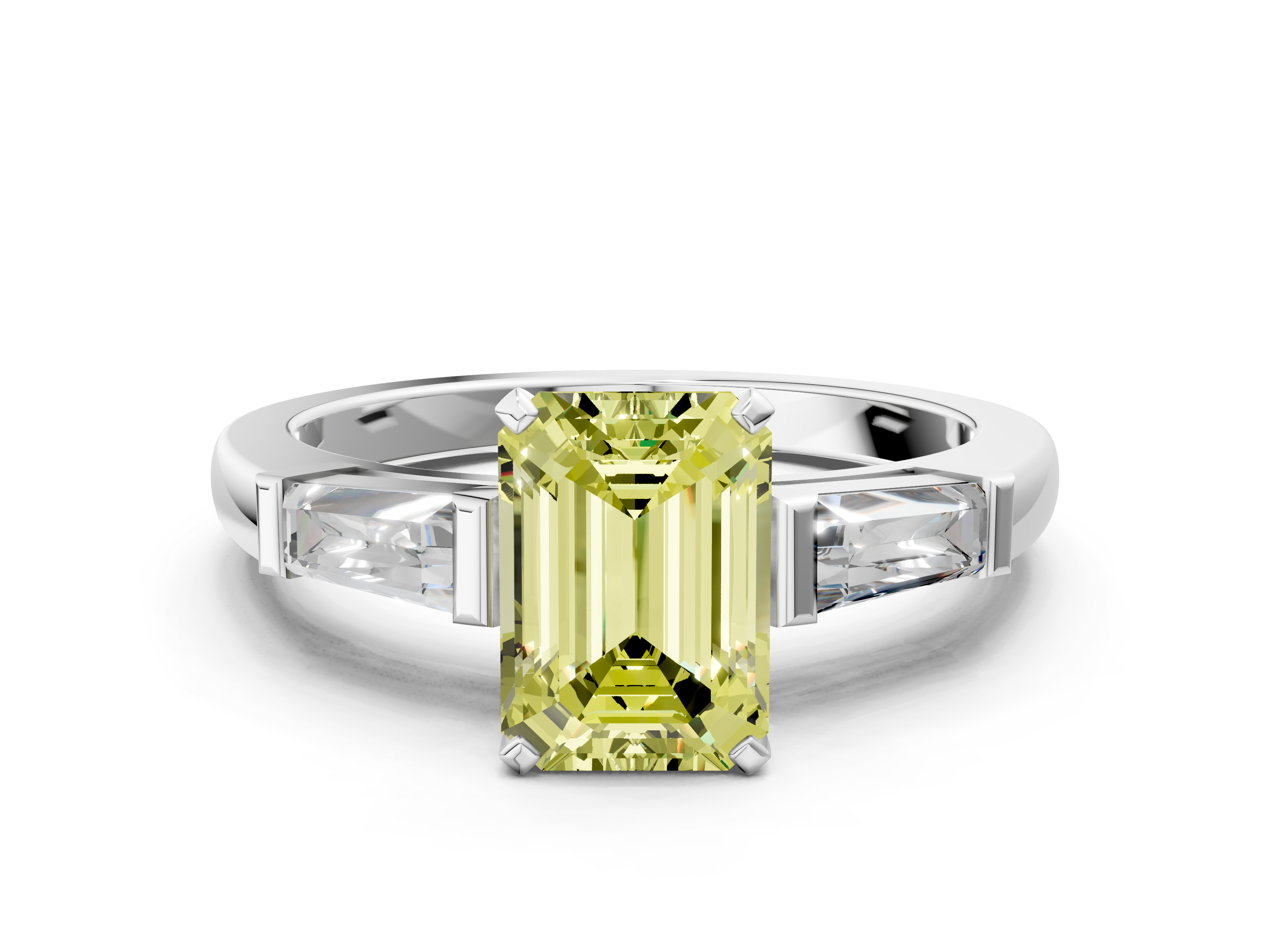White gold Fancy Yellow Emerald  Solitaire with Tapered Baguette Side Stones on a Classic Band with Four-Prong Setting_43