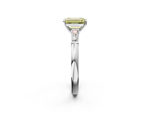 White gold Fancy Yellow Emerald  Solitaire with Tapered Baguette Side Stones on a Classic Band with Four-Prong Setting_45