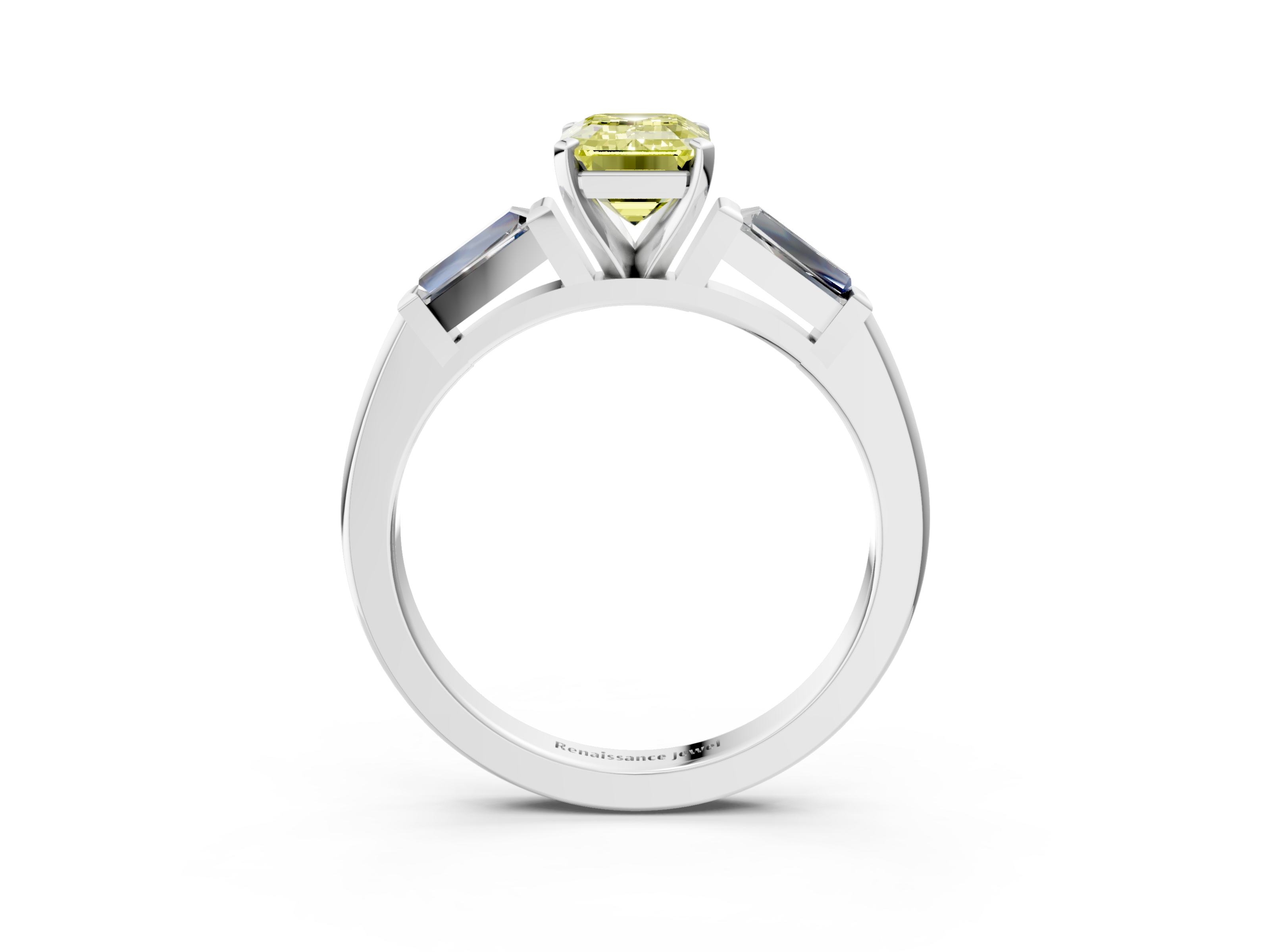 White gold Fancy Yellow Emerald  Solitaire with Tapered Baguette Side Stones on a Classic Band with Four-Prong Setting_46