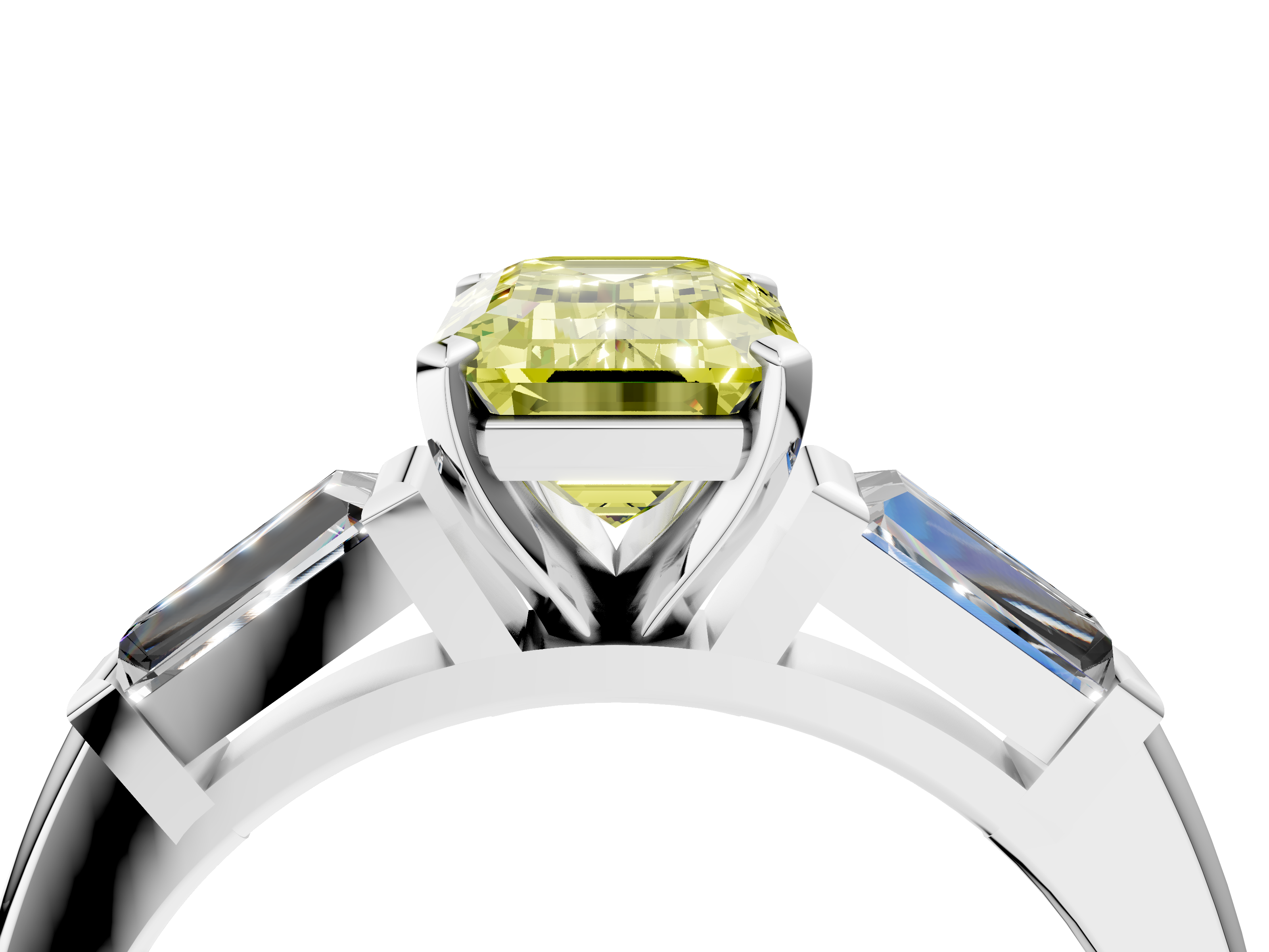 White gold Fancy Yellow Emerald  Solitaire with Tapered Baguette Side Stones on a Classic Band with Four-Prong Setting_47