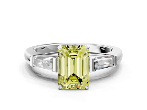 Platinum Fancy Yellow Emerald  Solitaire with Tapered Baguette Side Stones on a Classic Band with Four-Prong Setting
