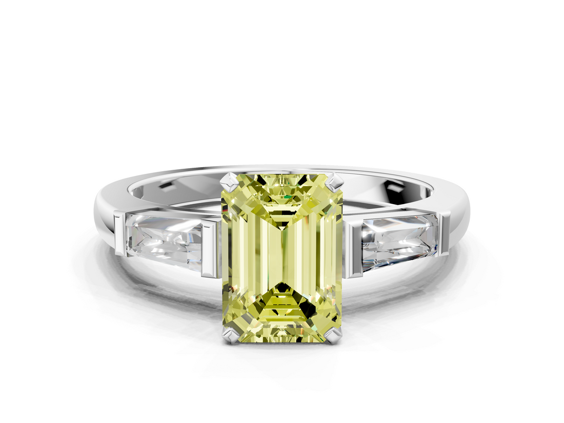 White gold Fancy Yellow Emerald  Solitaire with Tapered Baguette Side Stones on a Classic Band with Four-Prong Setting_72