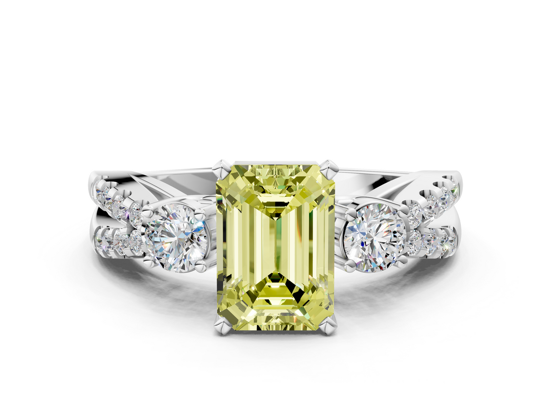 White gold Fancy Yellow Emerald  Three-Stone Diamond Ring with Pavé Split Shank and Four-Prong Setting_60