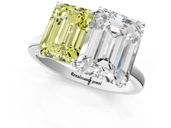White gold Fancy Yellow Emerald  and Emerald Cut Toi Moi Ring with Prong Setting