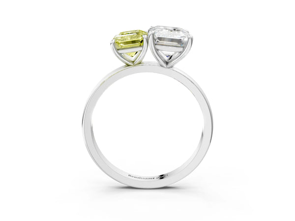 White gold Fancy Yellow Emerald  and Emerald Cut Toi Moi Ring with Prong Setting