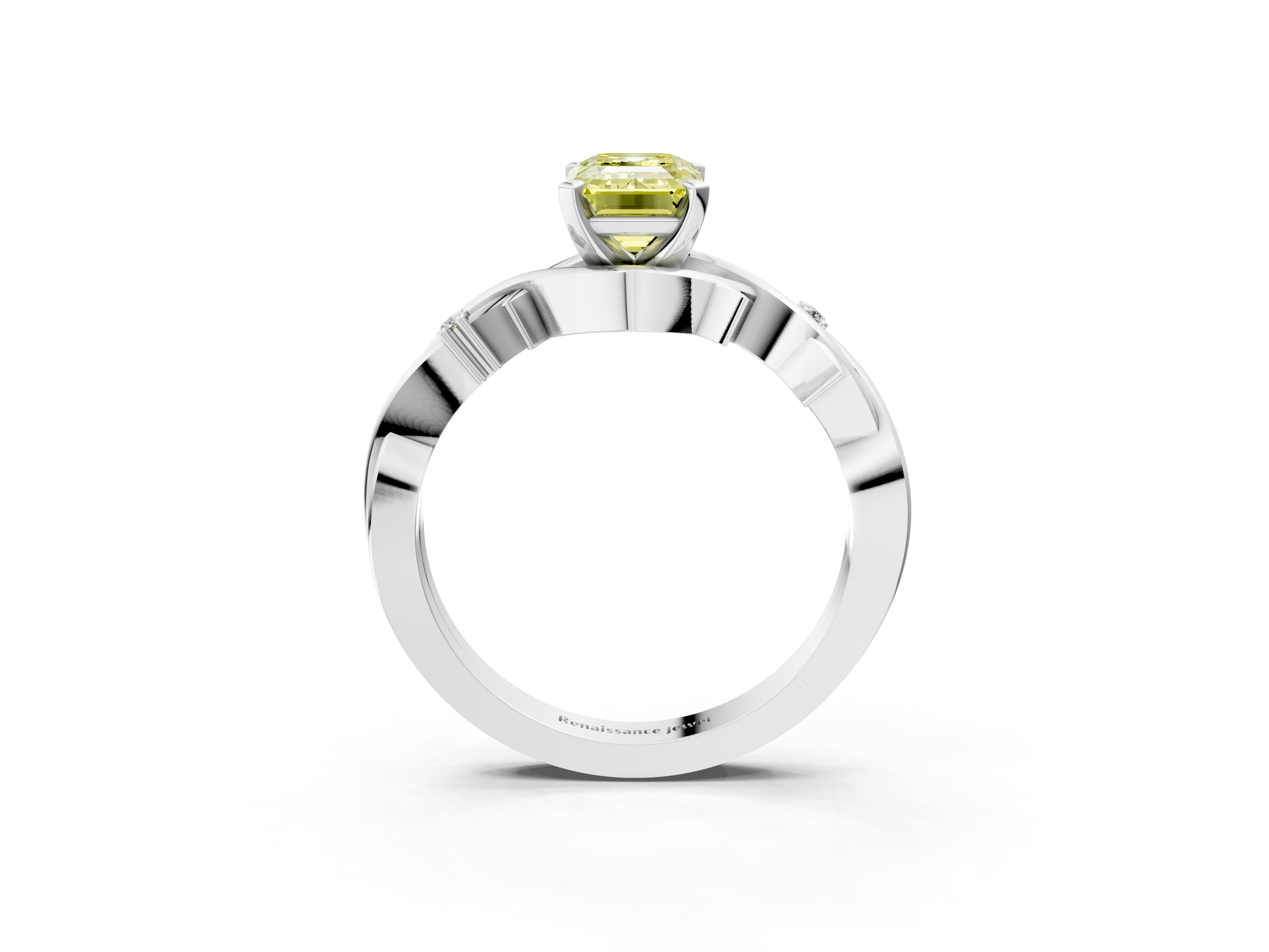 White gold Fancy Yellow Emerald cut Solitaire Twisted Band Prong Setting Ring_146