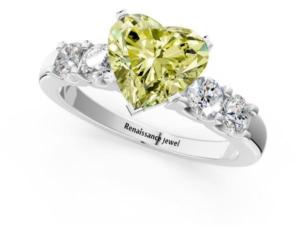 White gold Fancy Yellow Heart  Brilliant Cut Diamond Five-Stone Prong Set Engagement Ring with Channel Band