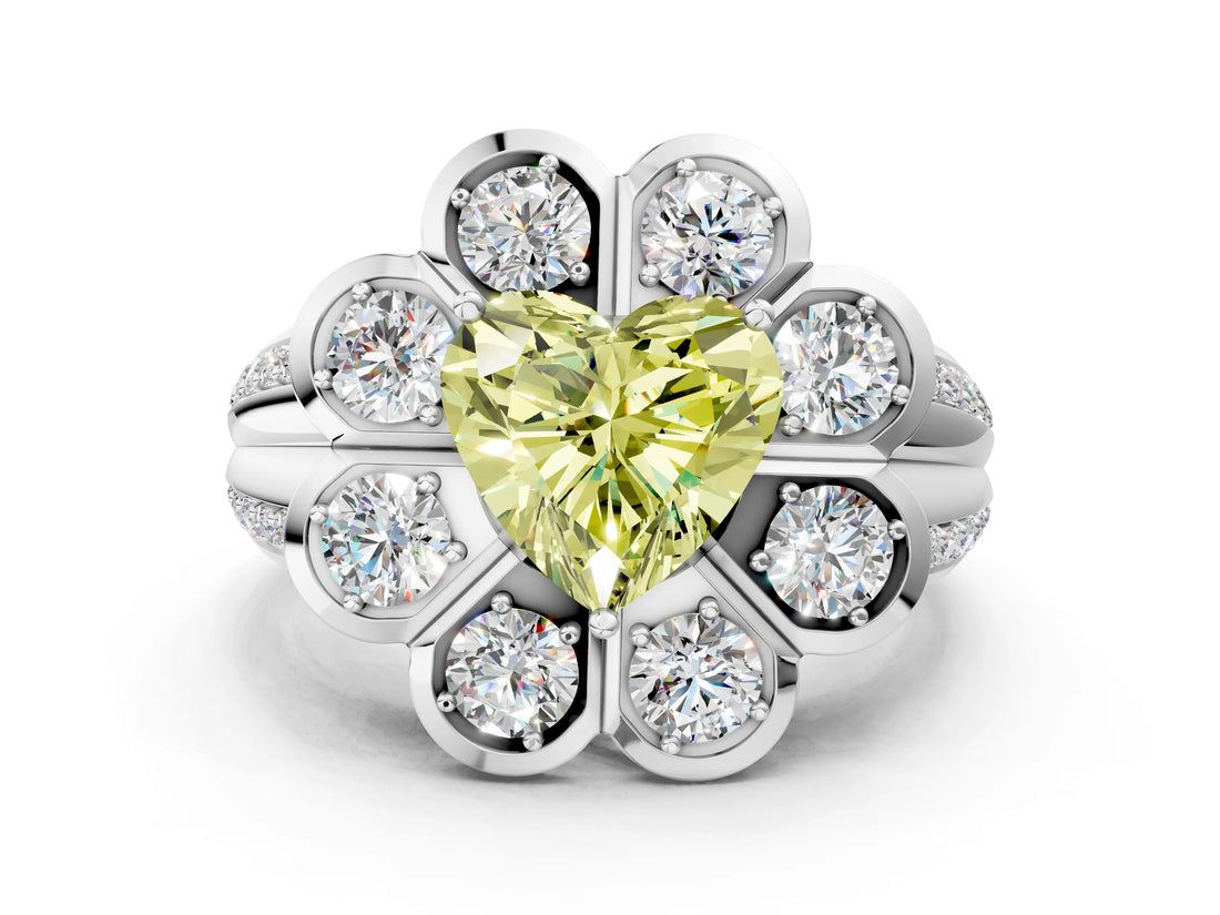 White gold Fancy Yellow Heart  Brilliant Flower Halo Diamond Split Shank Ring_63