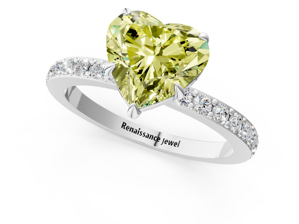 Sterling Silver Heart-Shaped Hidden Halo Solitaire Engagement Ring Setting for Fancy Yellow Center with Pave Band