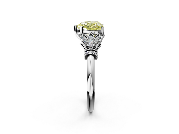 White gold Fancy Yellow Heart  Diamond Solitaire Ring with Floral Filigree and Pave Accents