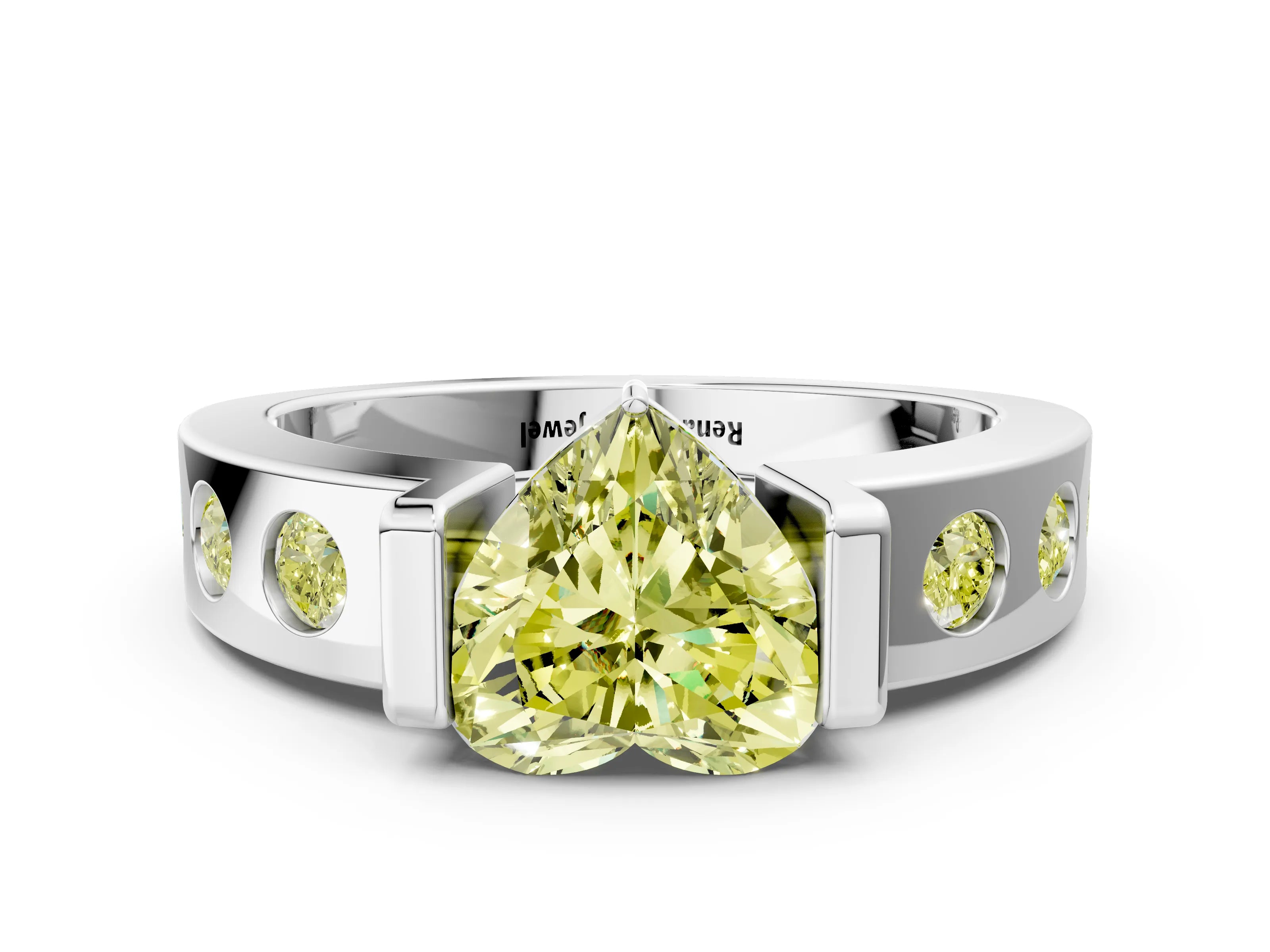 White gold Fancy Yellow Heart Cut Brilliant Channel-Set Diamond Ring with Bezel Prong Setting