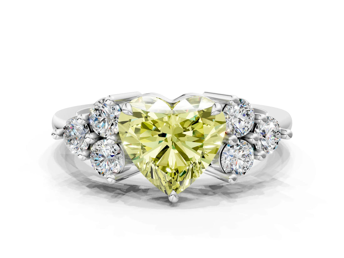 White gold Fancy Yellow Heart Cut Brilliant Diamond Cluster Accent Solitaire Ring with Prong Setting_24