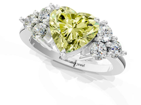 White gold Fancy Yellow Heart Cut Brilliant Diamond Cluster Accent Solitaire Ring with Prong Setting_25