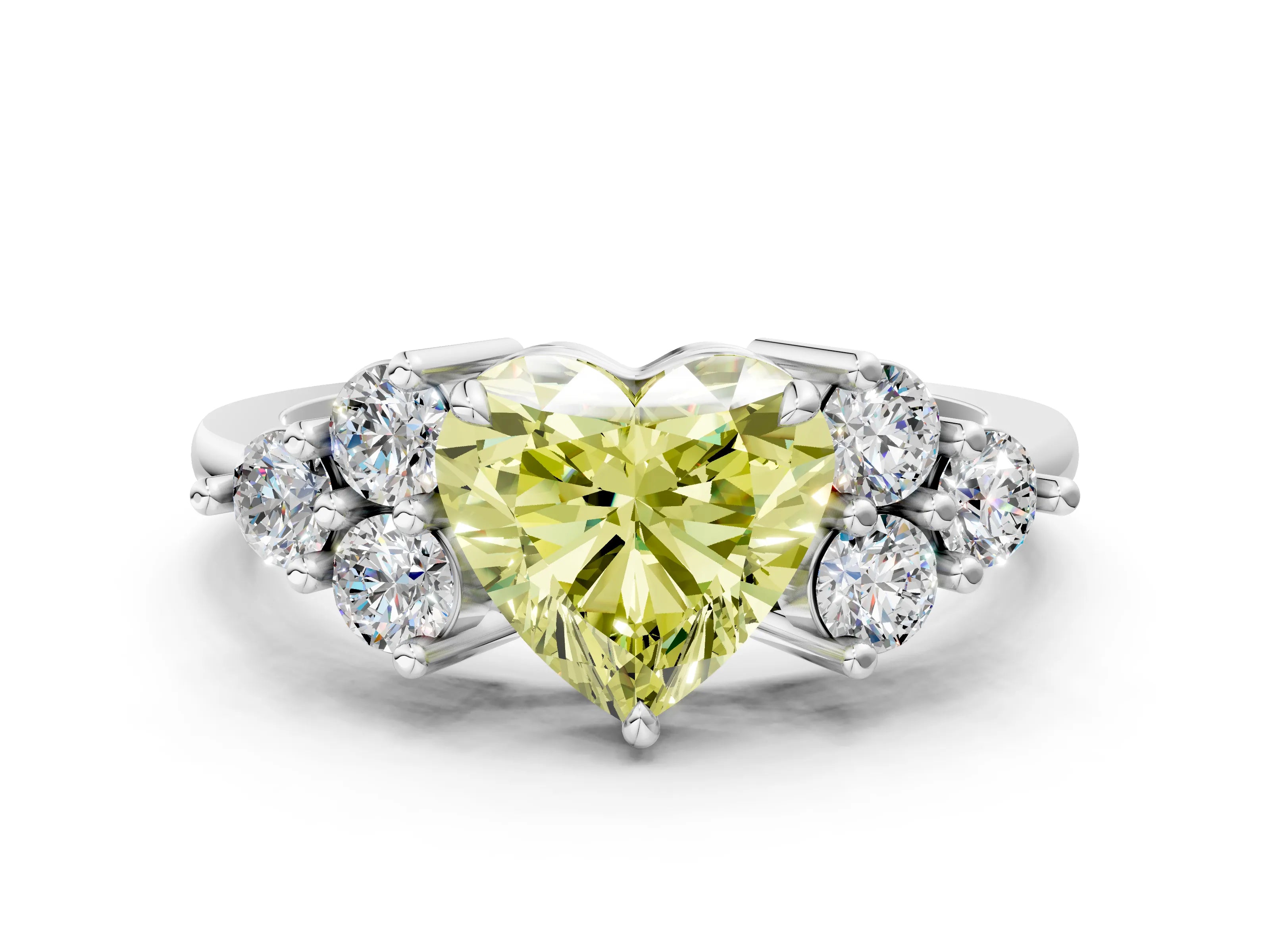 White gold Fancy Yellow Heart Cut Brilliant Diamond Cluster Accent Solitaire Ring with Prong Setting