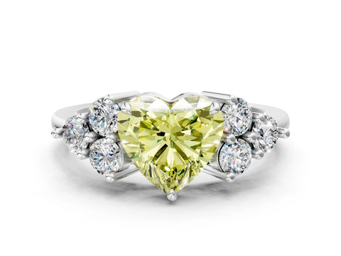White gold Fancy Yellow Heart Cut Brilliant Diamond Cluster Accent Solitaire Ring with Prong Setting