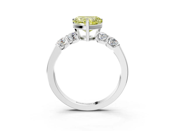 Platinum Fancy Yellow Heart Cut Brilliant Diamond Five-Stone Engagement Ring with Prong Setting on a Classic Band