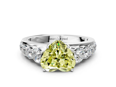 White gold Fancy Yellow Heart Cut Brilliant Diamond Pavé Band with Six-Prong Setting
