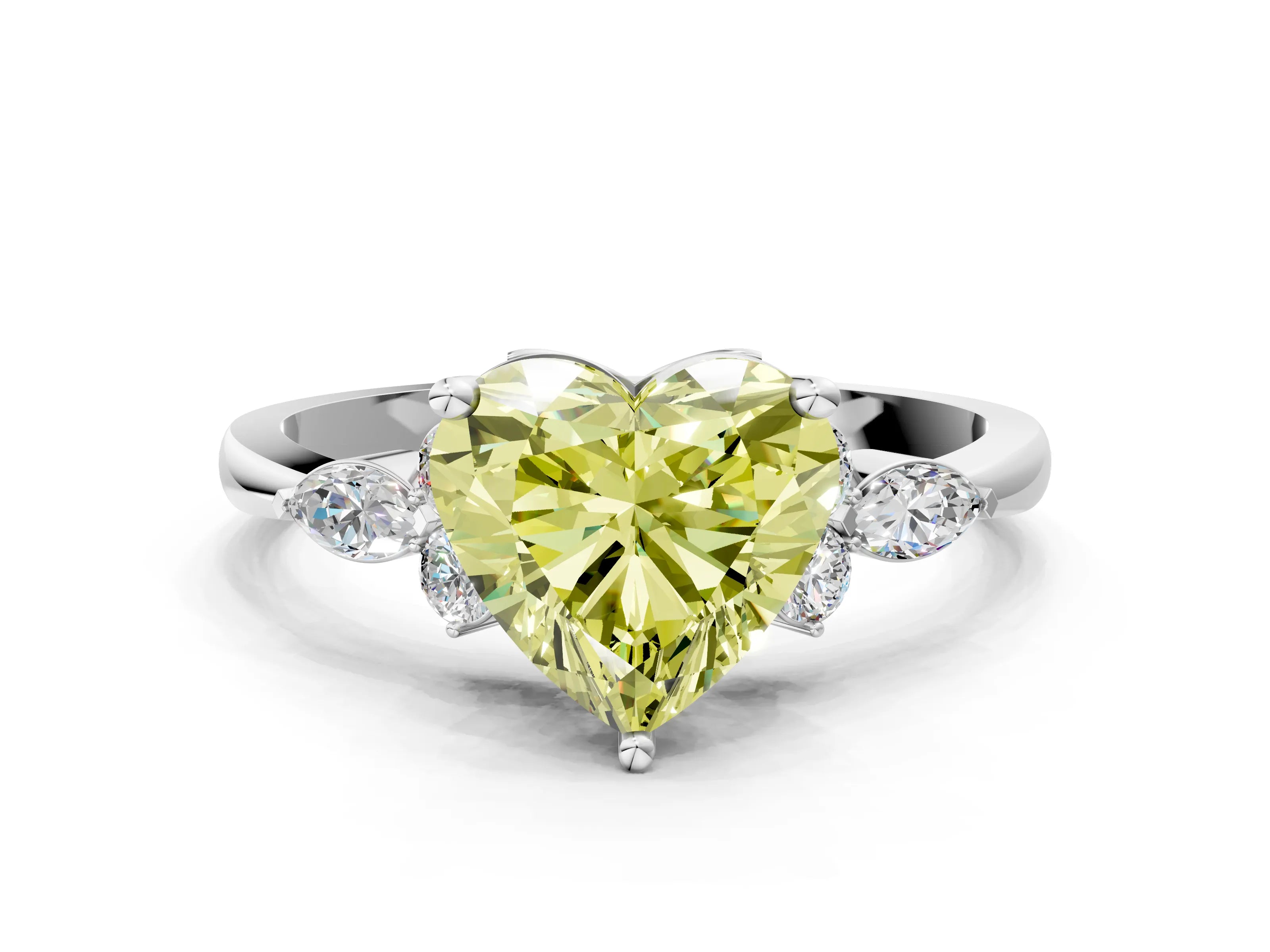 White gold Fancy Yellow Heart Cut Brilliant Diamond Solitaire Ring with Pear Side Stones and Four-Prong Setting_6
