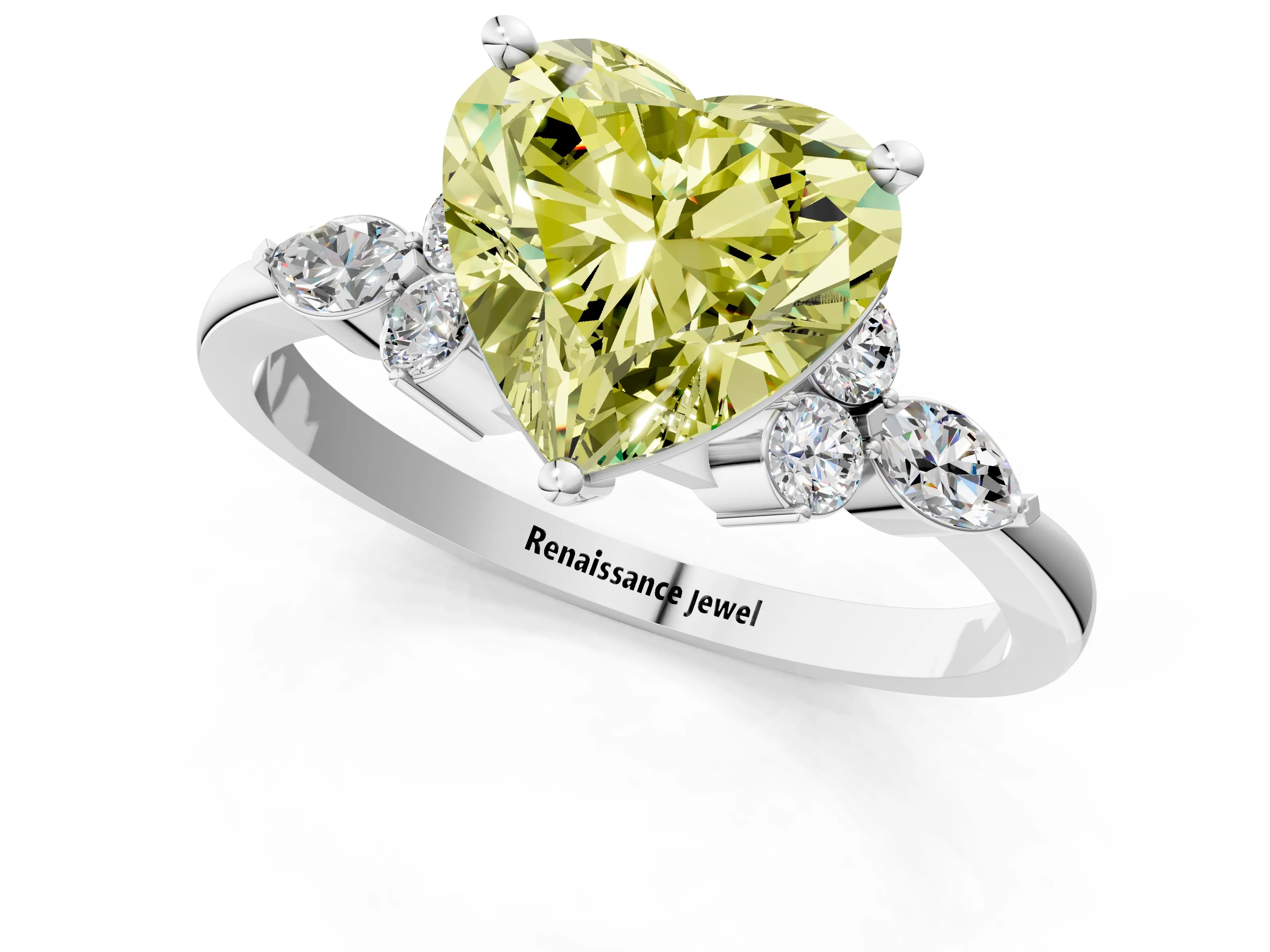 White gold Fancy Yellow Heart Cut Brilliant Diamond Solitaire Ring with Pear Side Stones and Four-Prong Setting_7
