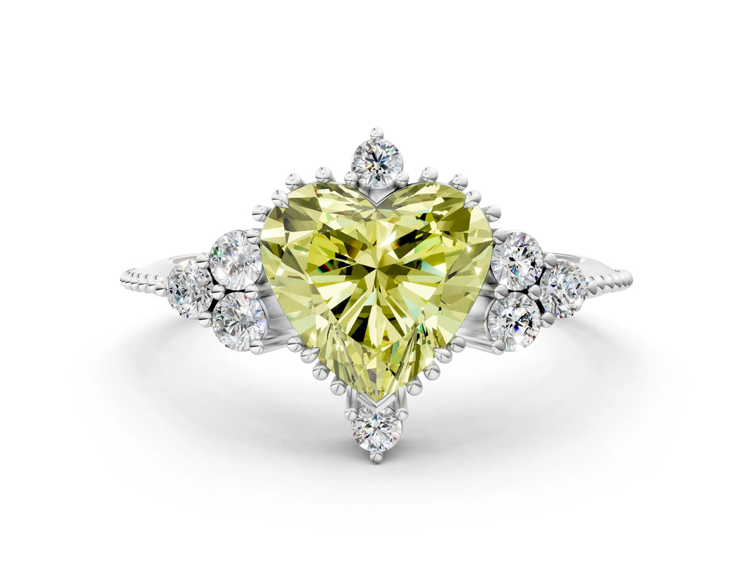 White gold Fancy Yellow Heart Cut Brilliant Diamond with Cluster Setting on a Beaded Band and Four-Prong Setting_12