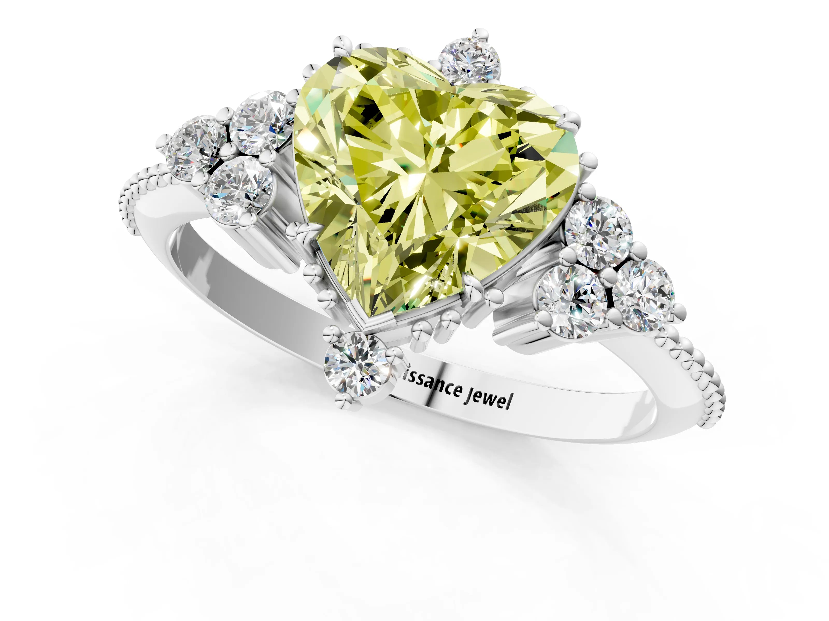 White gold Fancy Yellow Heart Cut Brilliant Diamond with Cluster Setting on a Beaded Band and Four-Prong Setting_20