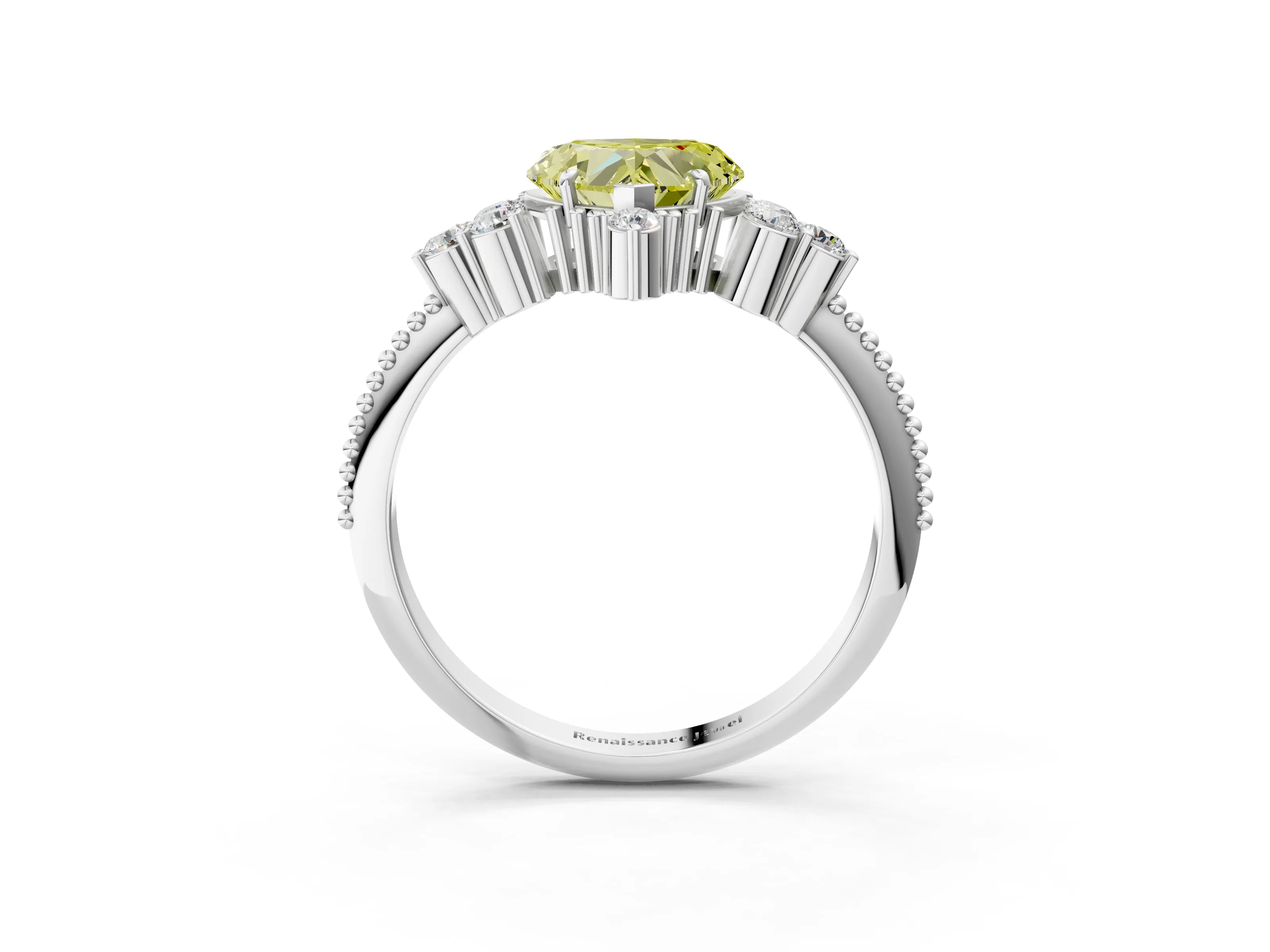 White gold Fancy Yellow Heart Cut Brilliant Diamond with Cluster Setting on a Beaded Band and Four-Prong Setting_3