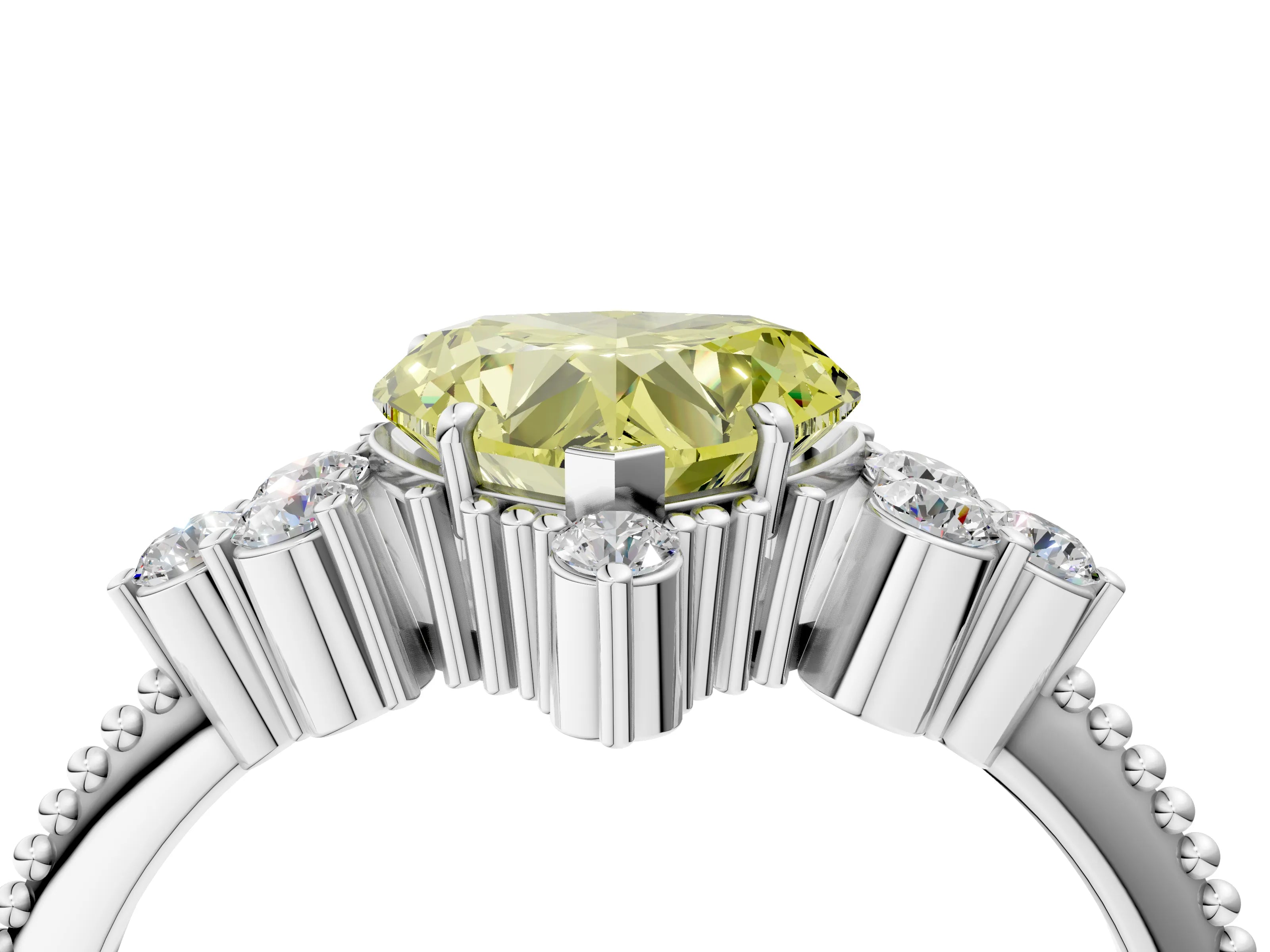 White gold Fancy Yellow Heart Cut Brilliant Diamond with Cluster Setting on a Beaded Band and Four-Prong Setting_4