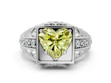 White gold Fancy Yellow Heart Cut Brilliant Milgrain Filigree Diamond Ring with Square Prong Setting