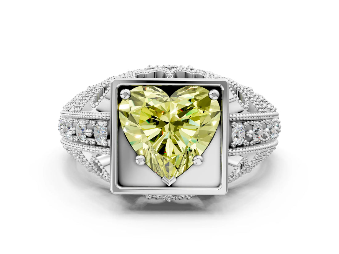 White gold Fancy Yellow Heart Cut Brilliant Milgrain Filigree Diamond Ring with Square Prong Setting