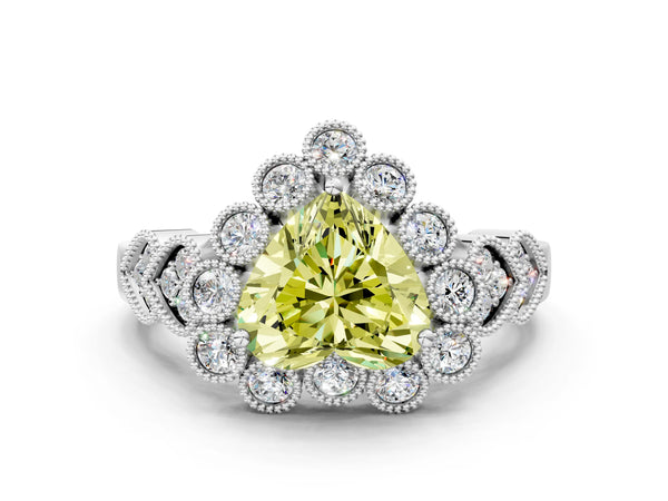 Platinum Fancy Yellow Heart Cut Brilliant Milgrain Pave Heart Band Solitaire Ring