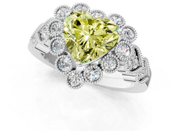 Platinum Fancy Yellow Heart Cut Brilliant Milgrain Pave Heart Band Solitaire Ring