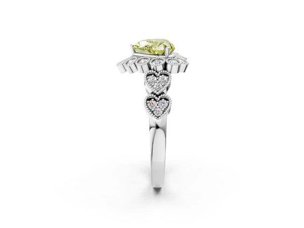 Platinum Fancy Yellow Heart Cut Brilliant Milgrain Pave Heart Band Solitaire Ring
