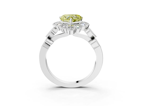 Platinum Fancy Yellow Heart Cut Brilliant Milgrain Pave Heart Band Solitaire Ring