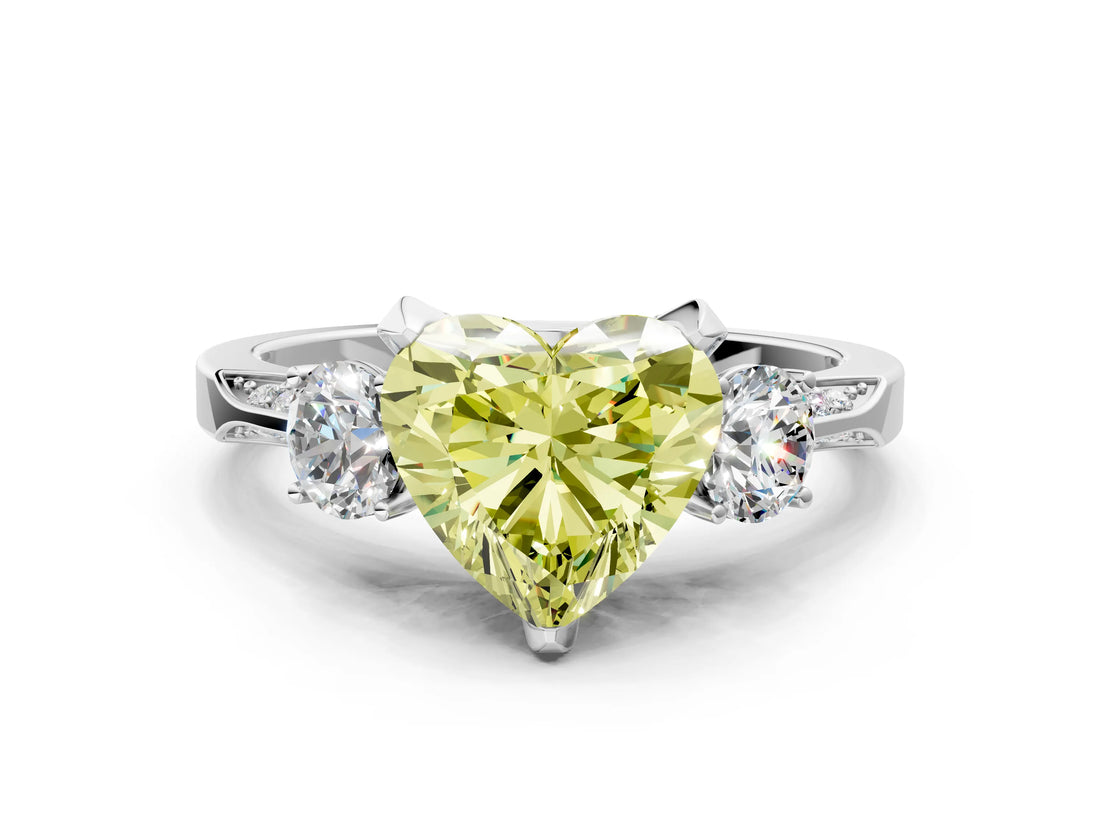 White gold Fancy Yellow Heart Cut Brilliant Three-Stone Diamond Ring with Pavé Band and Four-Prong Setting_15