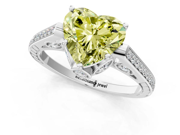 Platinum Heart-Shaped Cathedral Engagement Ring Setting for Fancy Yellow Center with Pave Shoulders