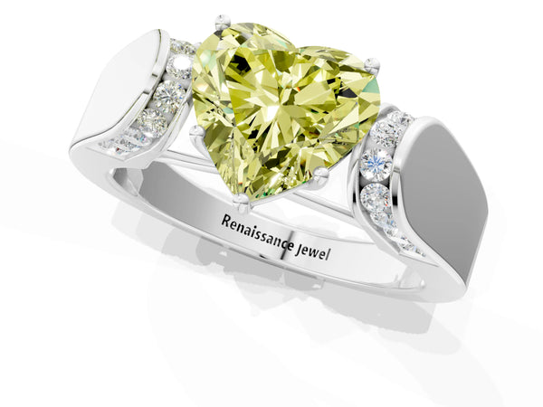 White gold Fancy Yellow Heart Cut Cut Diamond Channel Set Solitaire Ring with Four-Prong Setting