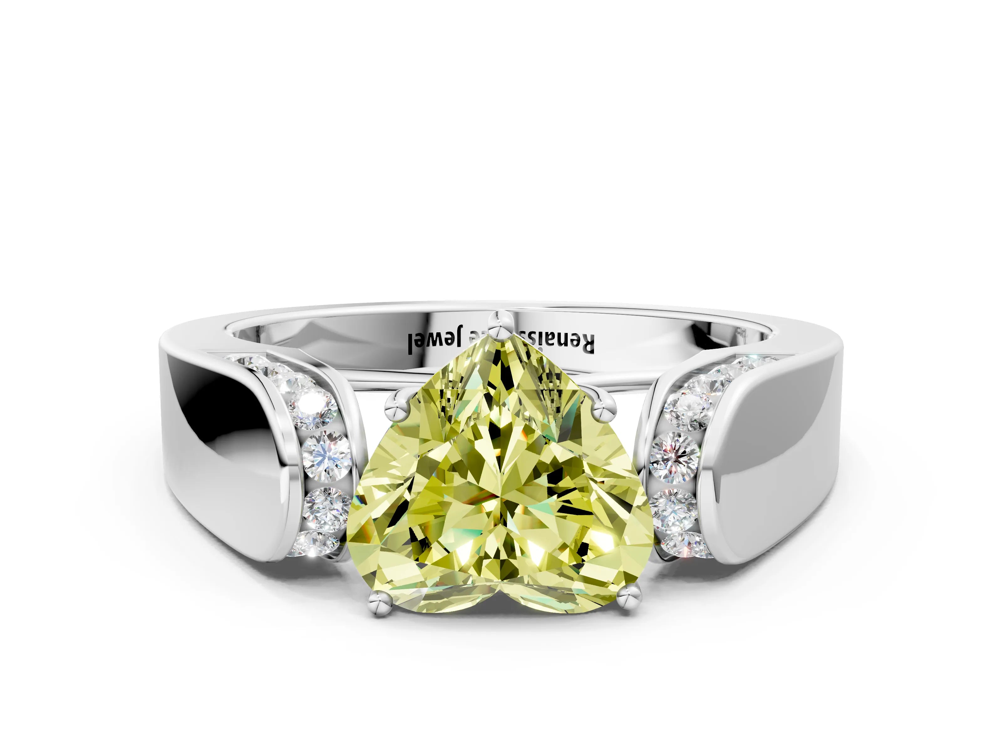 White gold Fancy Yellow Heart Cut Cut Diamond Channel Set Solitaire Ring with Four-Prong Setting