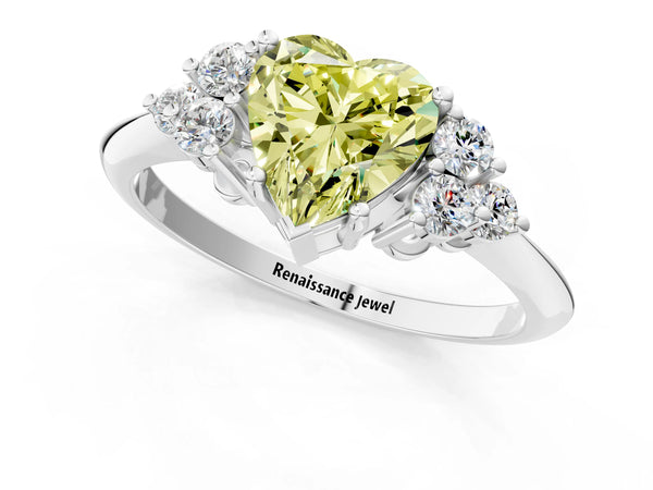 Platinum Fancy Yellow Heart Cut Cut Diamond Cluster Ring with Solitaire Band and Four-Prong Setting