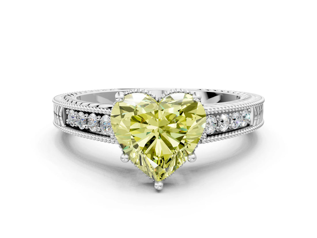 White gold Fancy Yellow Heart Cut Cut Diamond Milgrain Pave Band Four-Prong Setting Ring_15