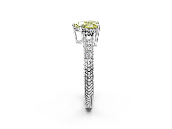 Platinum Fancy Yellow Heart Cut Cut Diamond Milgrain Pave Band Four-Prong Setting Ring