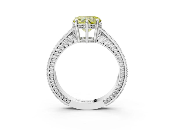 Platinum Fancy Yellow Heart Cut Cut Diamond Milgrain Pave Band Four-Prong Setting Ring