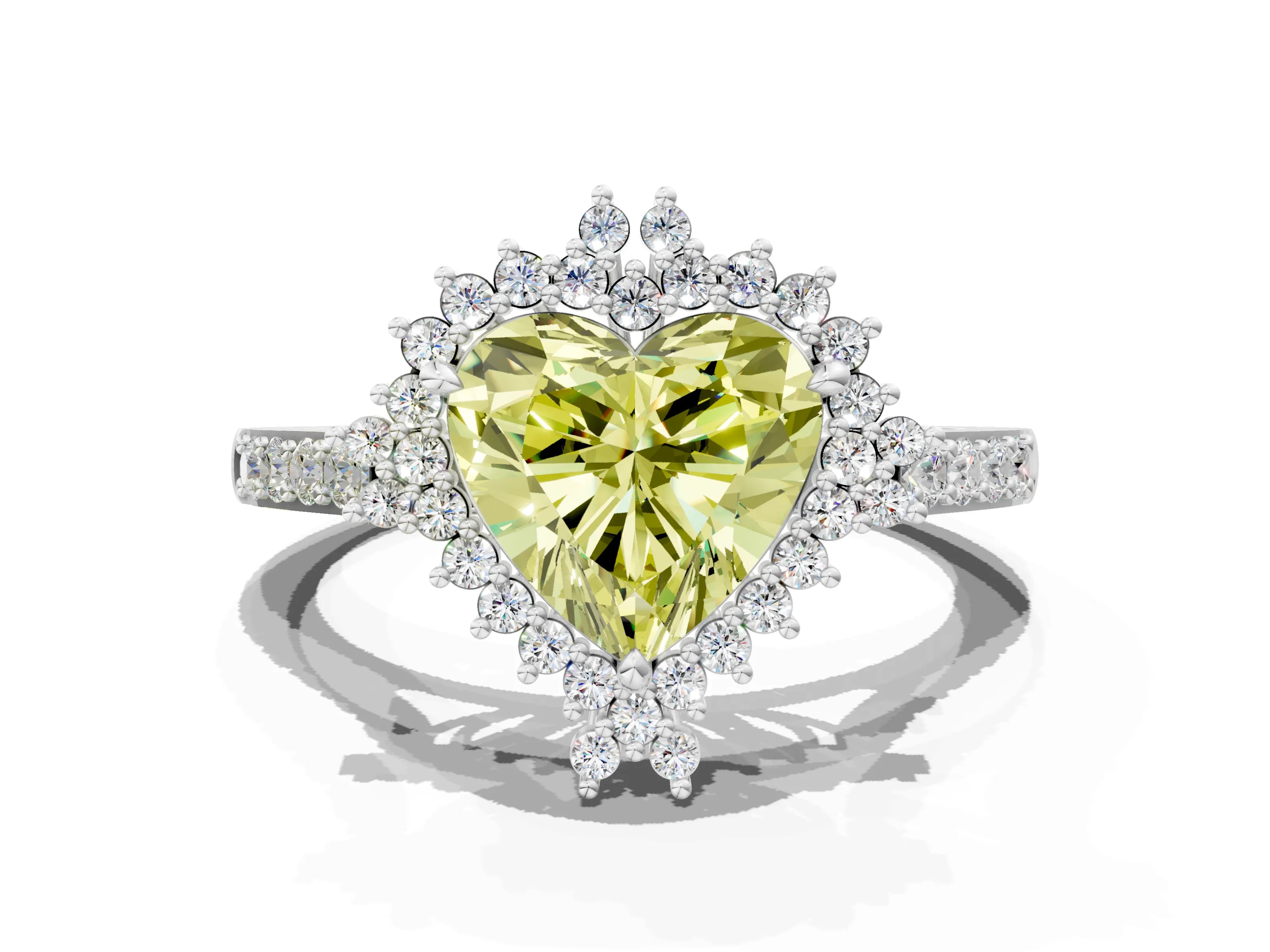 White gold Fancy Yellow Heart Cut Cut Diamond Sunburst Halo Engagement Ring with Pavé Band