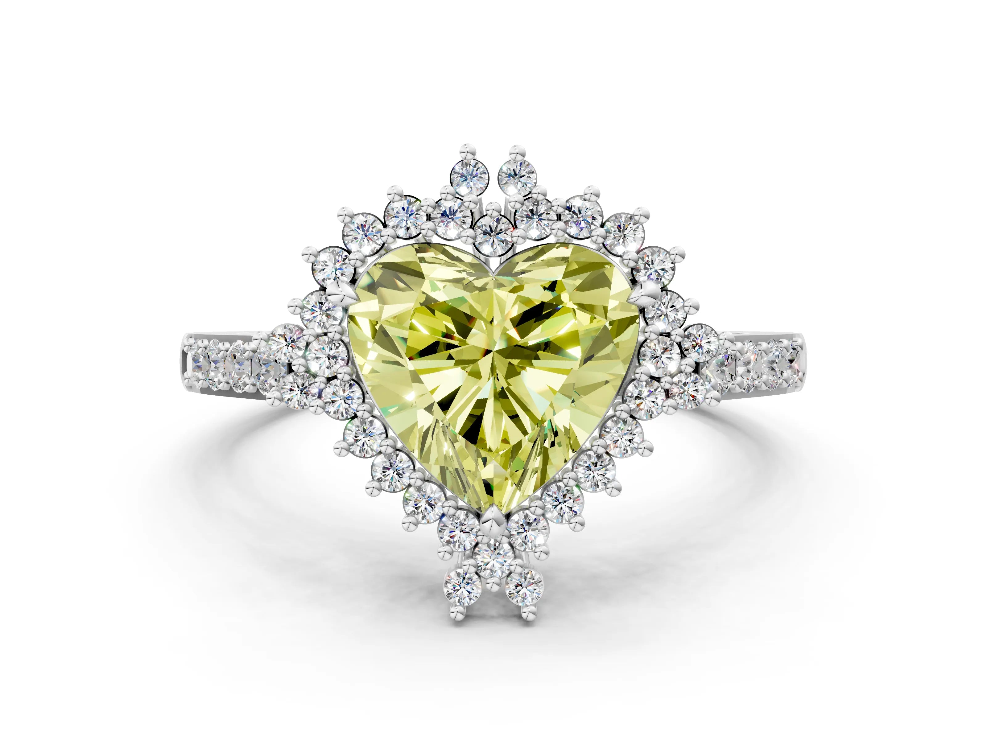 White gold Fancy Yellow Heart Cut Cut Diamond Sunburst Halo Engagement Ring with Pavé Band_12