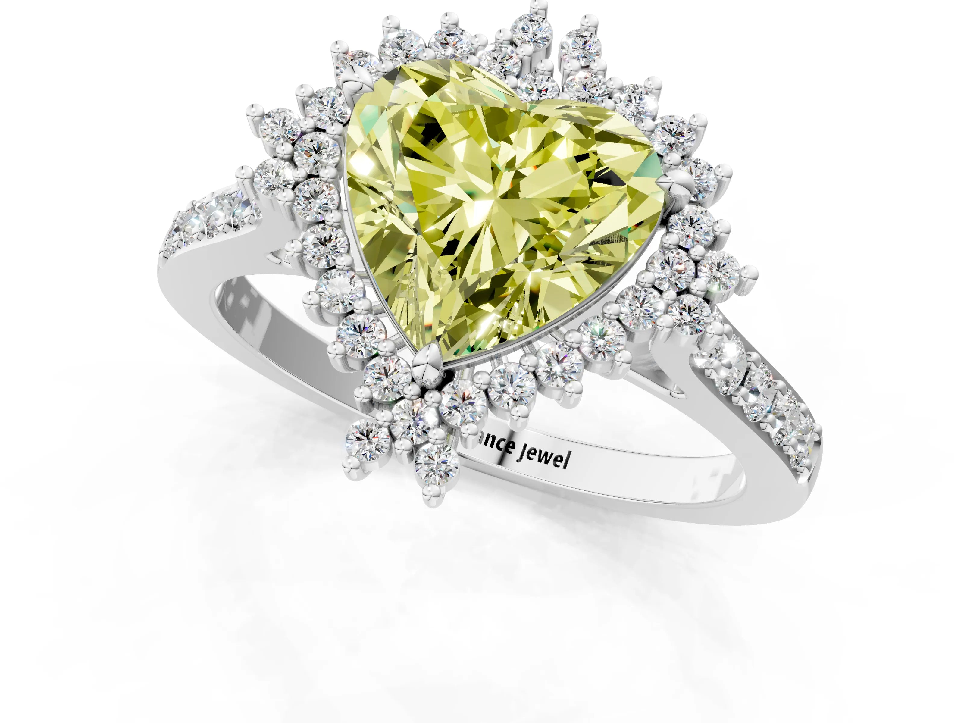 White gold Fancy Yellow Heart Cut Cut Diamond Sunburst Halo Engagement Ring with Pavé Band_13